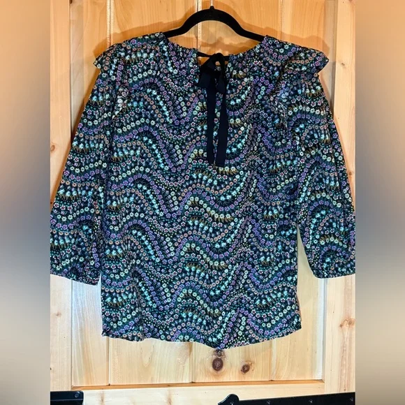 LOFT Ruffled Black Floral 3/4 Sleeve Feminine Blouse  Cotton Tie Back Top - Picture 6 of 13